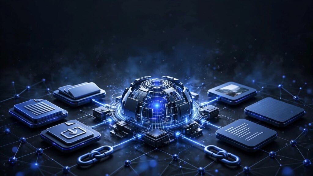 A glowing hub connects file tiles, links, and content cards on a dark background.