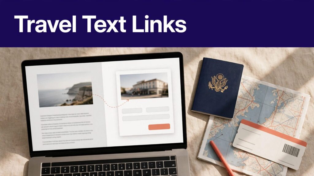 Laptop showing a travel article beside a passport, map, and boarding pass.