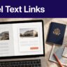 Laptop showing a travel article beside a passport, map, and boarding pass.