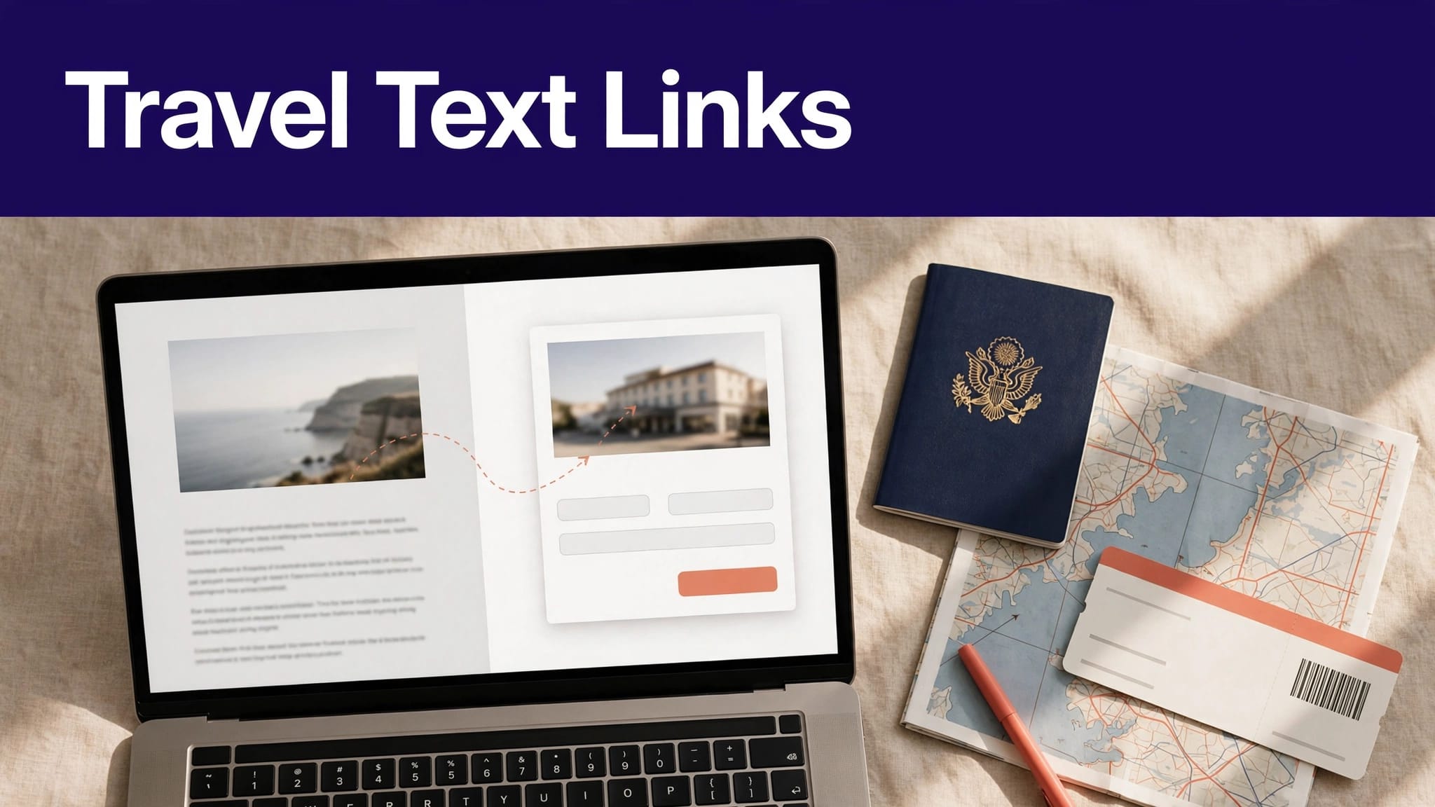 Laptop showing a travel article beside a passport, map, and boarding pass.