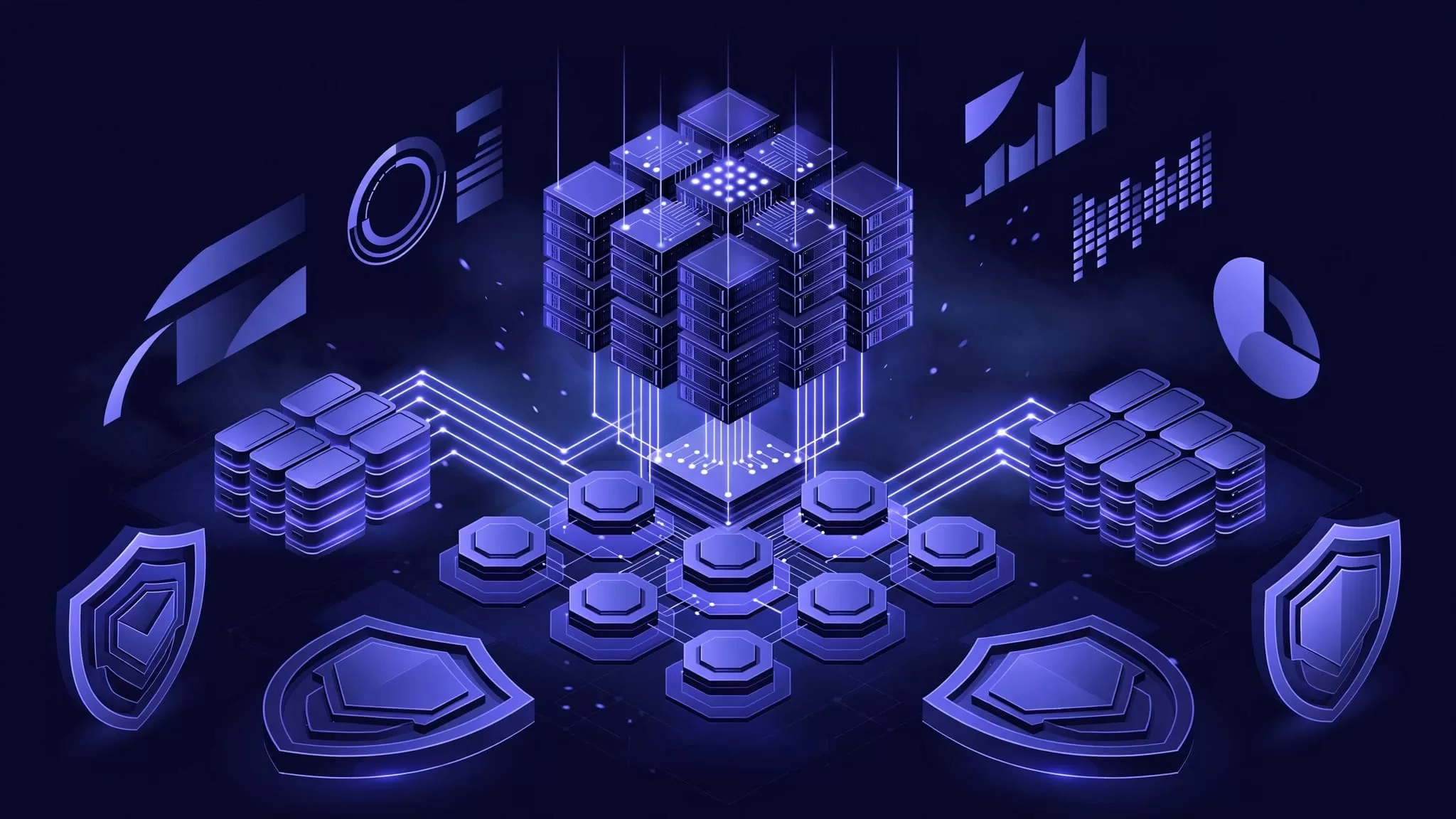 A glowing server cluster connects to data nodes, backup storage, and security shields.