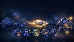 A glowing application package moves through a connected cloud deployment pipeline.