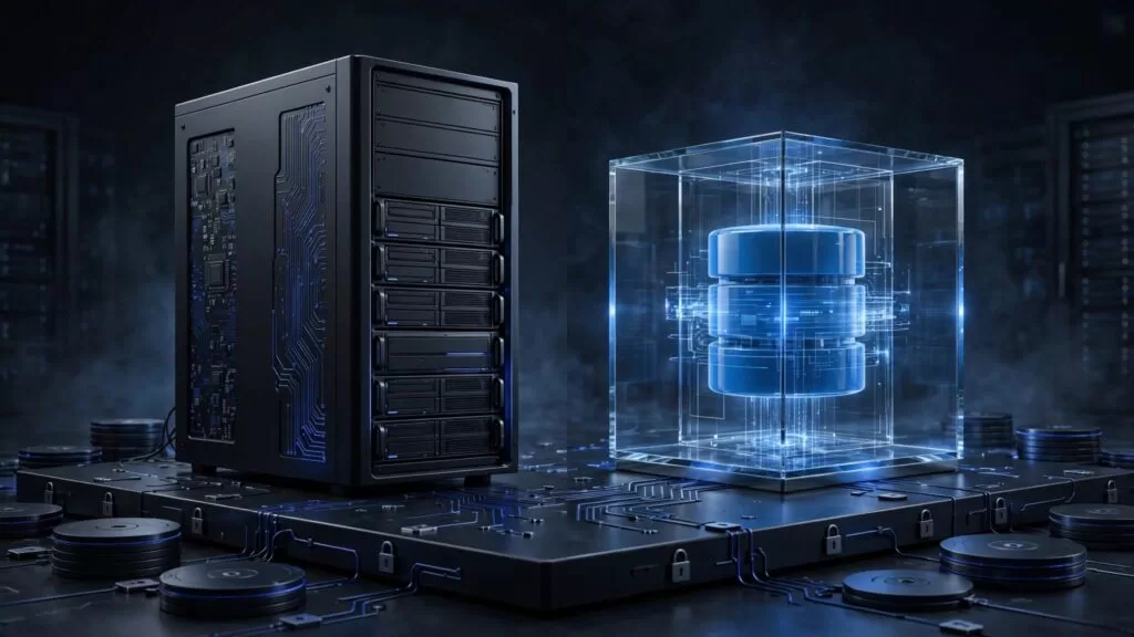 An Ubuntu server and glowing Docker database cube on a dark platform.
