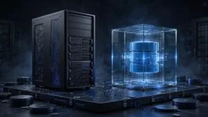 An Ubuntu server and glowing Docker database cube on a dark platform.
