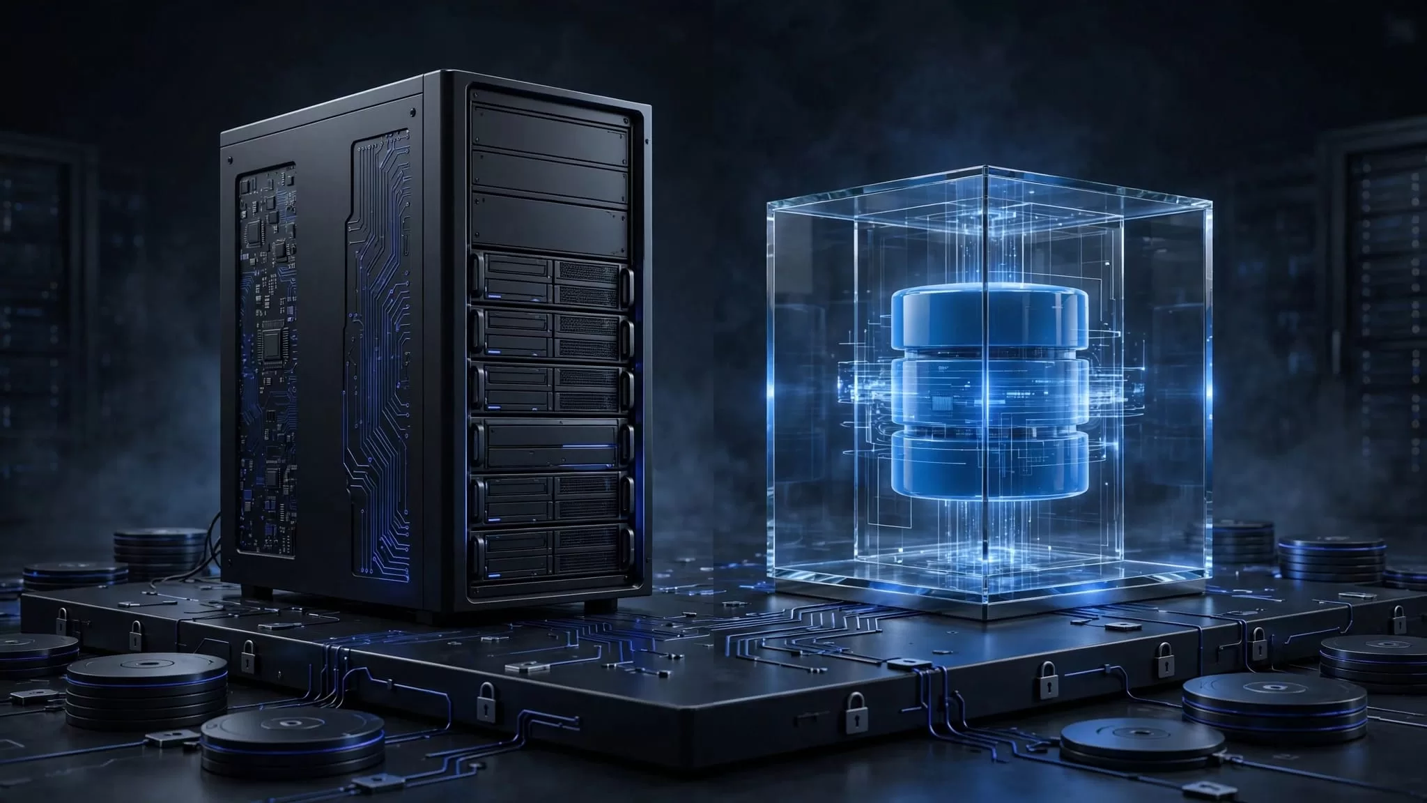 An Ubuntu server and glowing Docker database cube on a dark platform.