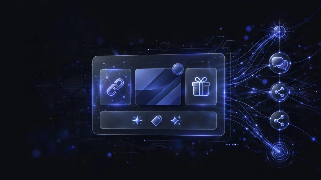 Glowing referral assets connect from a central dashboard to social sharing channels.