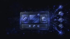 Glowing referral assets connect from a central dashboard to social sharing channels.