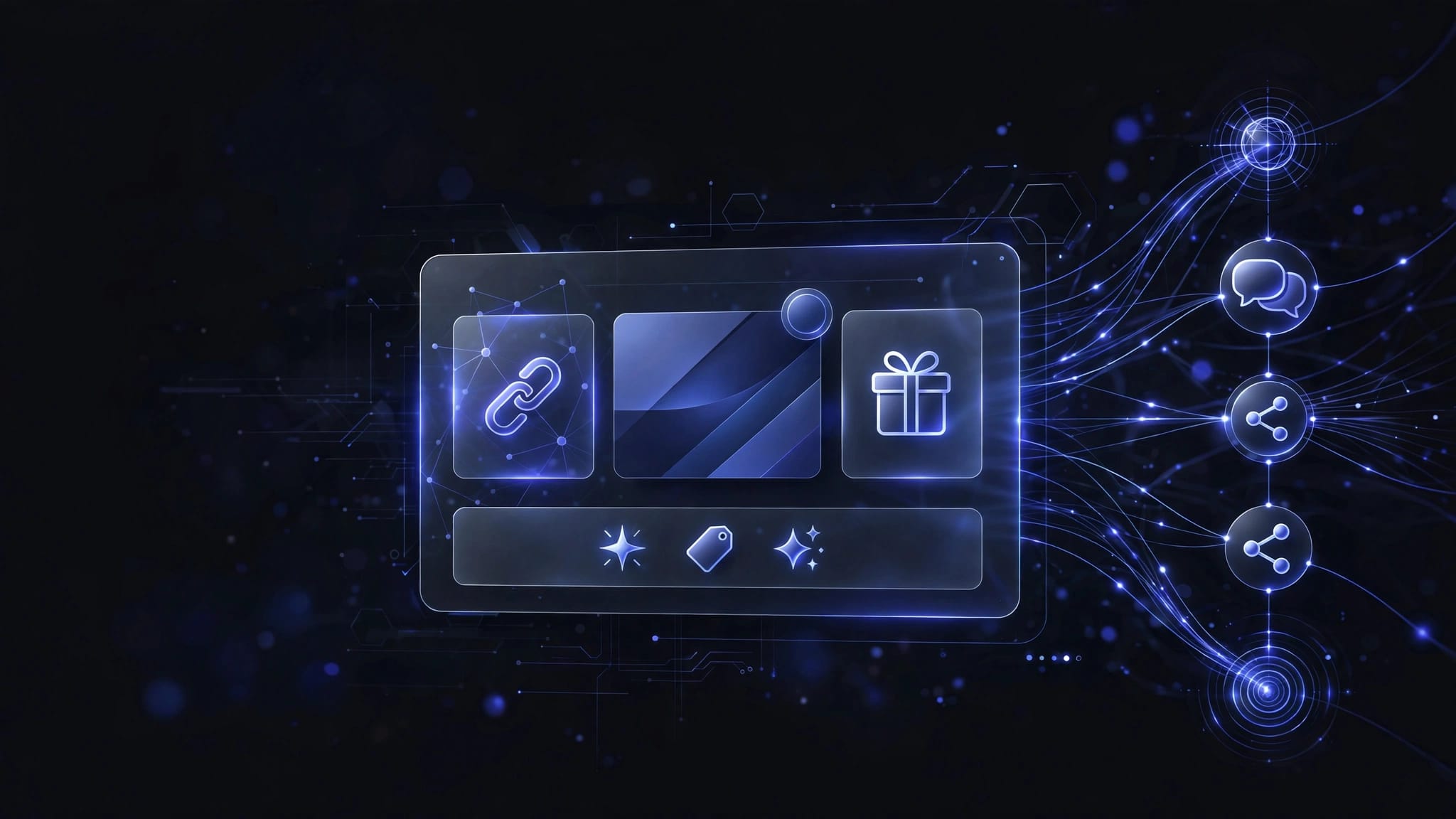Glowing referral assets connect from a central dashboard to social sharing channels.