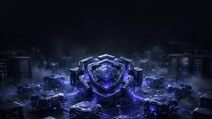Glowing server nodes surround a protected core in a dark cloud setting.