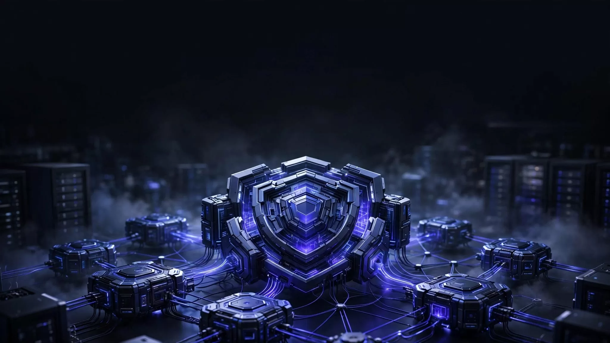 Glowing server nodes surround a protected core in a dark cloud setting.