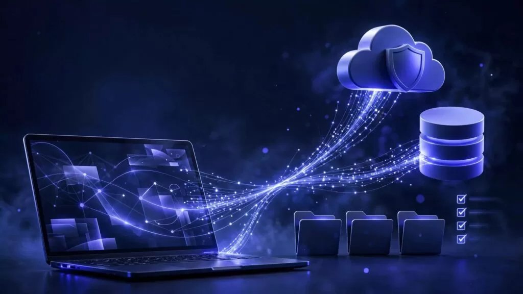 A laptop connects to a cloud server and database with glowing blue lines.