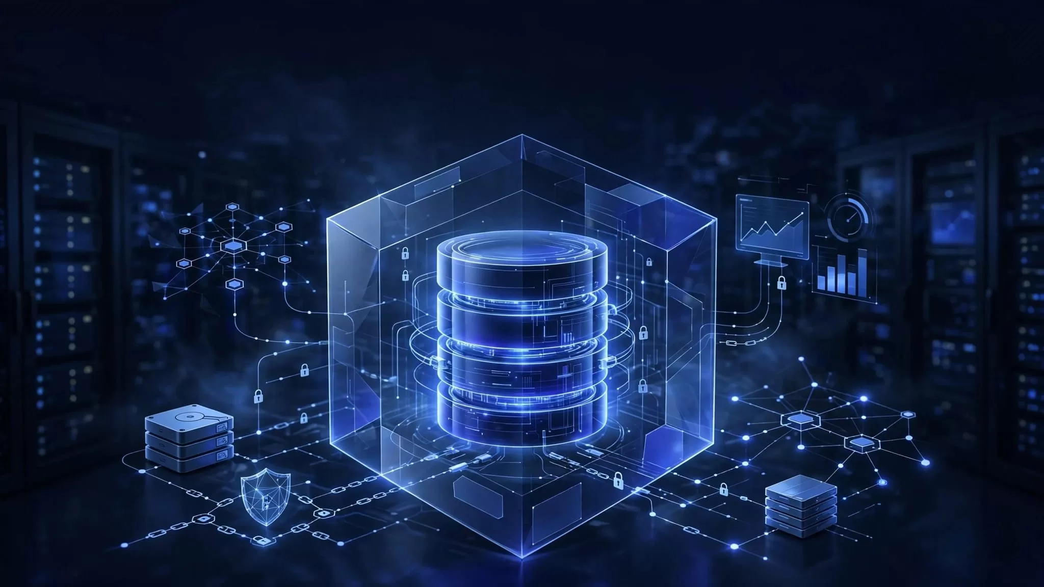 Glowing database inside a shield with network links and backup icons.