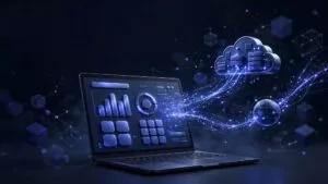 Laptop showing a React dashboard linked to a cloud server and domain globe.