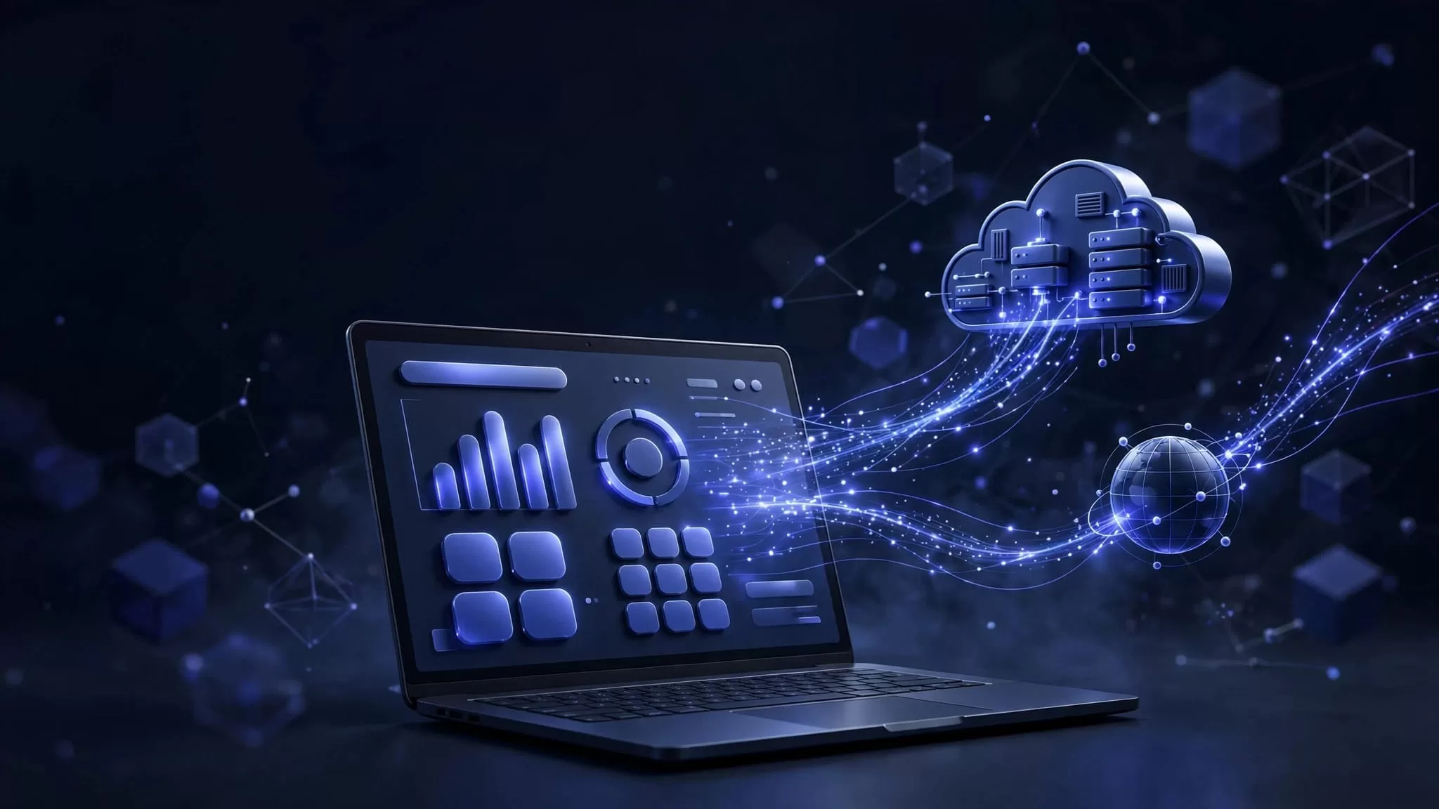 Laptop showing a React dashboard linked to a cloud server and domain globe.