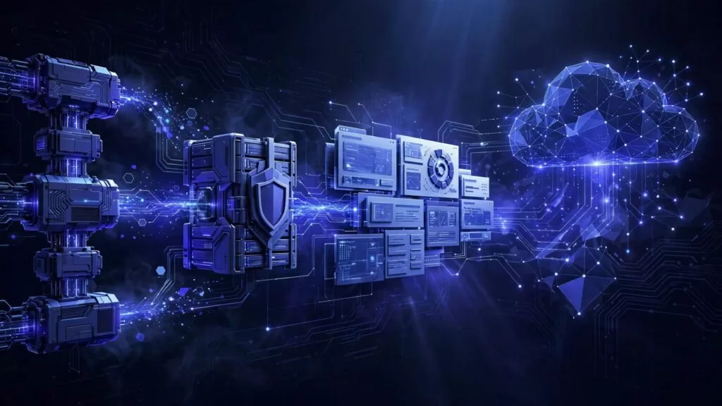 Glowing web panels connect a build pipeline to a secure server and cloud network.