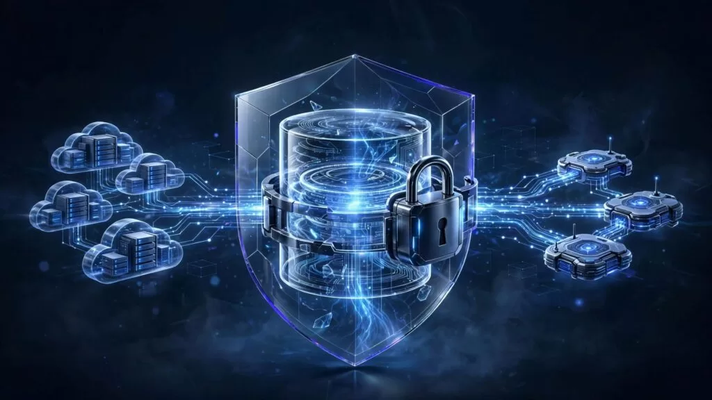 A glowing database inside a shield connects to cloud servers and applications.