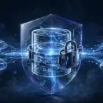 A glowing database inside a shield connects to cloud servers and applications.