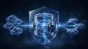 A glowing database inside a shield connects to cloud servers and applications.