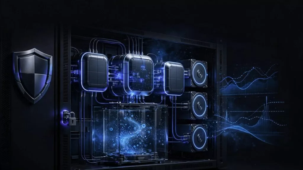 Glowing Redis nodes inside a secure dark network enclosure with a shield and backup disks.