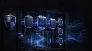 Glowing Redis nodes inside a secure dark network enclosure with a shield and backup disks.