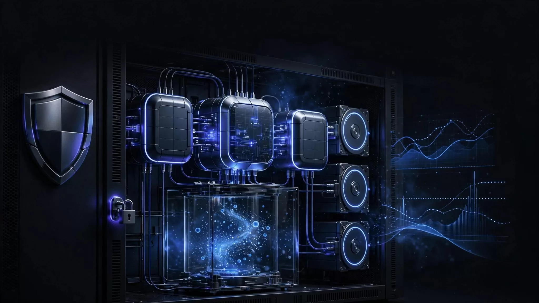 Glowing Redis nodes inside a secure dark network enclosure with a shield and backup disks.