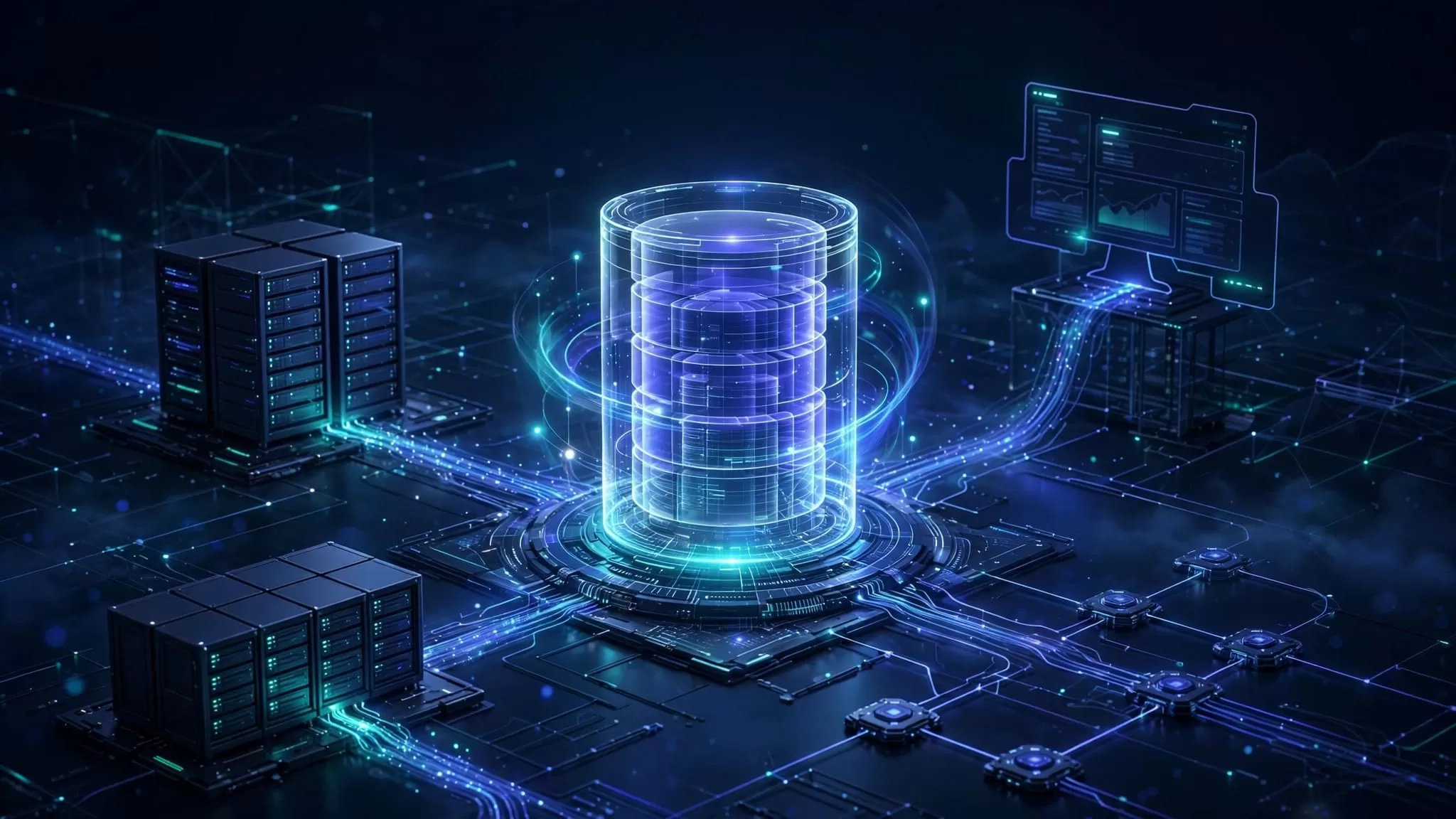 Glowing SQLite database connected to a web dashboard and cloud servers.
