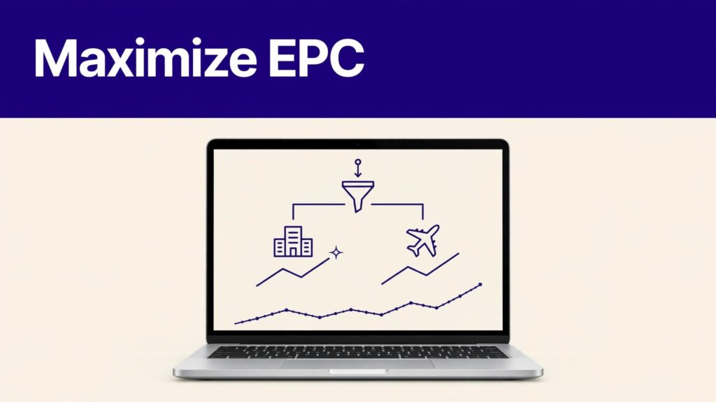Laptop showing a travel booking funnel with hotel, flight, and earnings data.