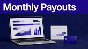 Laptop showing affiliate earnings beside a payment calendar and bank-transfer card.