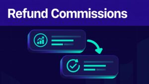 Finance cards connect a commission record to a refund transaction with an approval checkmark.