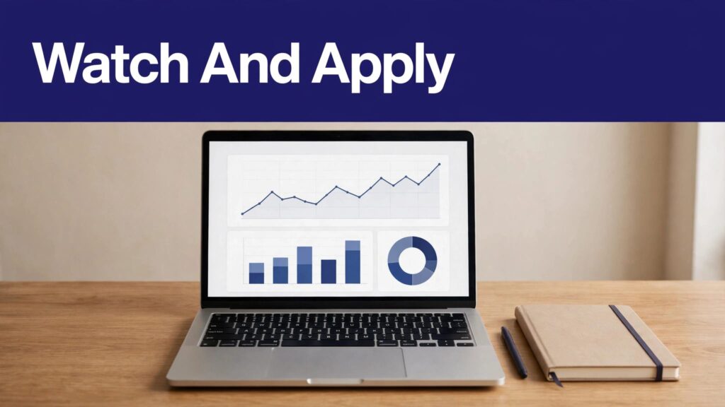 Laptop displaying travel analytics beside a notebook and pen under an indigo headline banner.