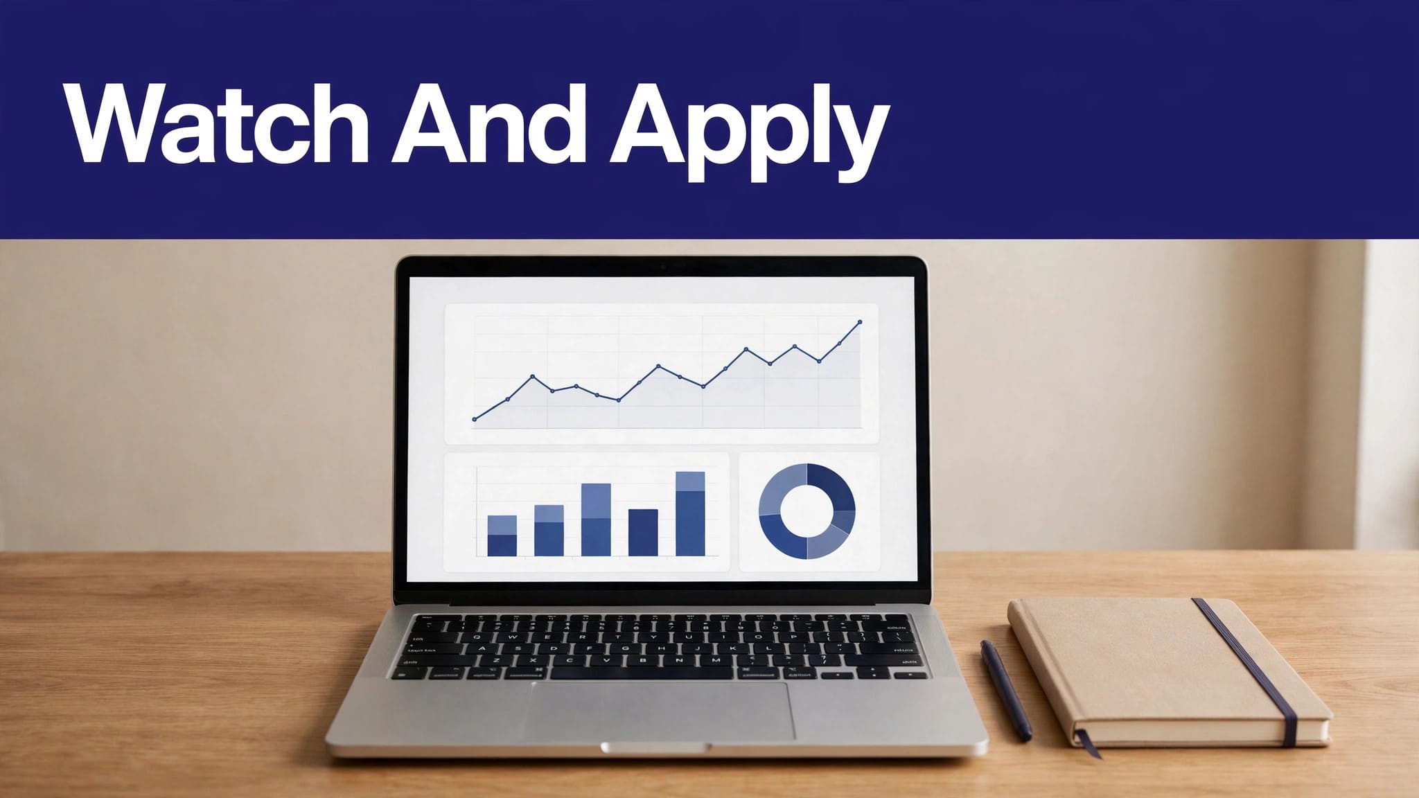 Laptop displaying travel analytics beside a notebook and pen under an indigo headline banner.