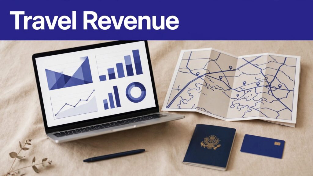 Laptop with booking data beside a map, passport, and hotel key card.