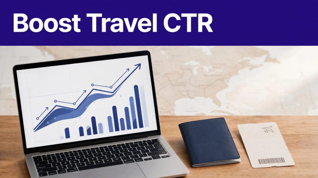 Laptop showing travel booking analytics beside a passport and boarding pass.