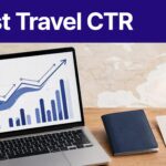 Laptop showing travel booking analytics beside a passport and boarding pass.