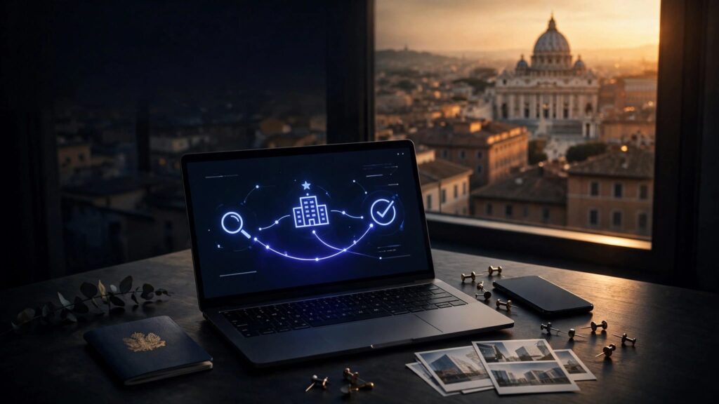 Desk with travel tools and a glowing route overlooking Rome at sunset.