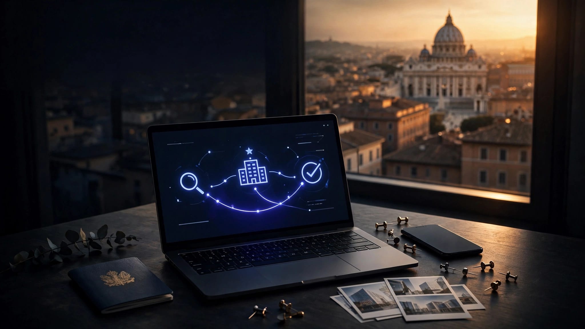 Desk with travel tools and a glowing route overlooking Rome at sunset.