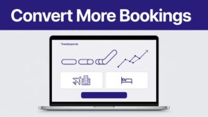 Laptop showing travel offers, conversion data, and a highlighted booking button.