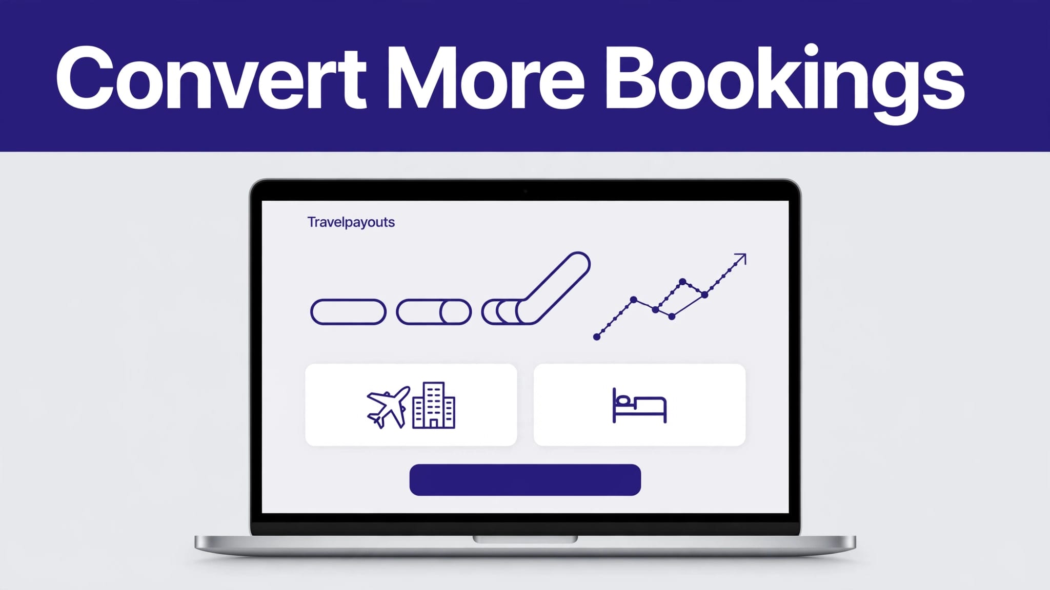 Laptop showing travel offers, conversion data, and a highlighted booking button.