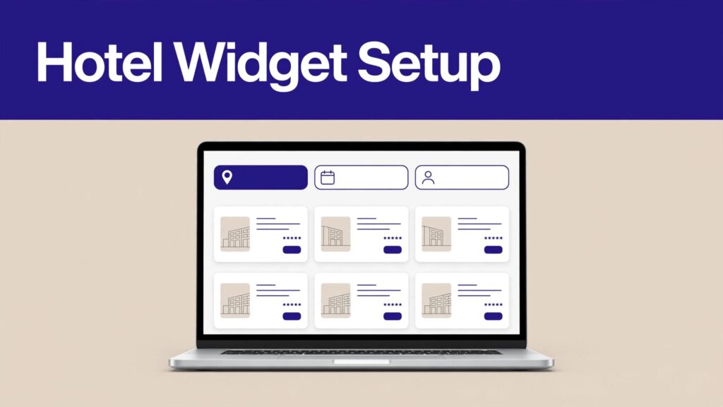 Laptop showing a hotel search widget beneath an indigo headline band.