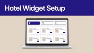 Laptop showing a hotel search widget beneath an indigo headline band.