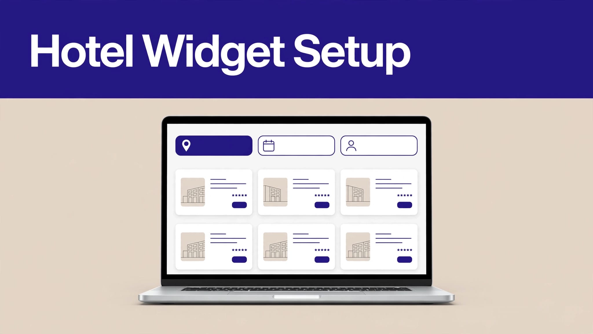 Laptop showing a hotel search widget beneath an indigo headline band.
