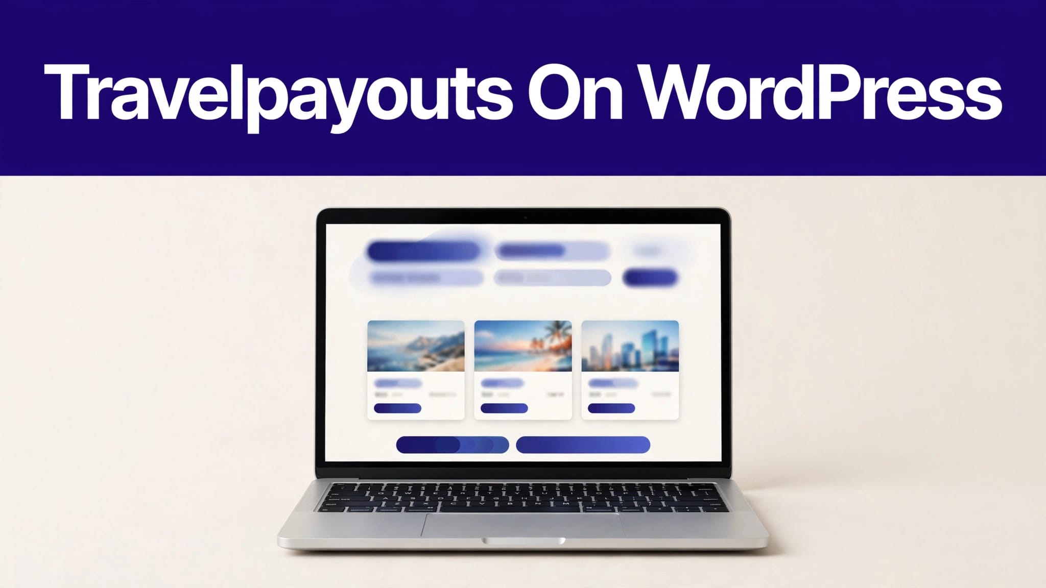 Laptop showing a travel booking page beneath an indigo headline band.