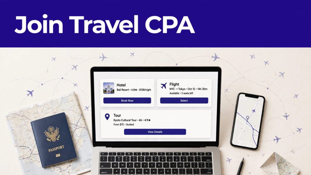 Laptop with travel booking cards beside a passport, map, and smartphone.