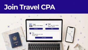 Laptop with travel booking cards beside a passport, map, and smartphone.