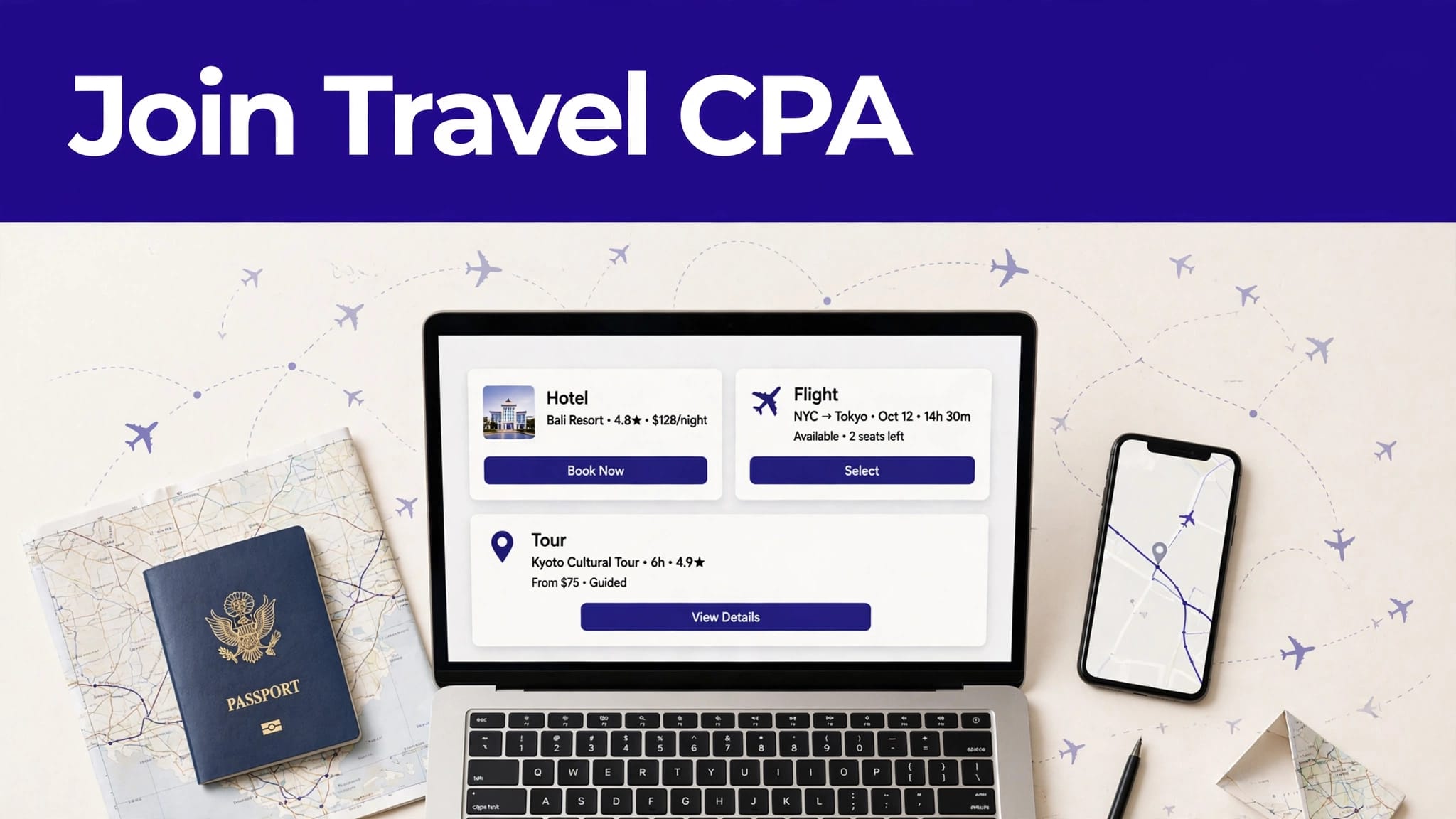 Laptop with travel booking cards beside a passport, map, and smartphone.