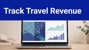 Laptop showing a travel search tool beside a revenue dashboard.