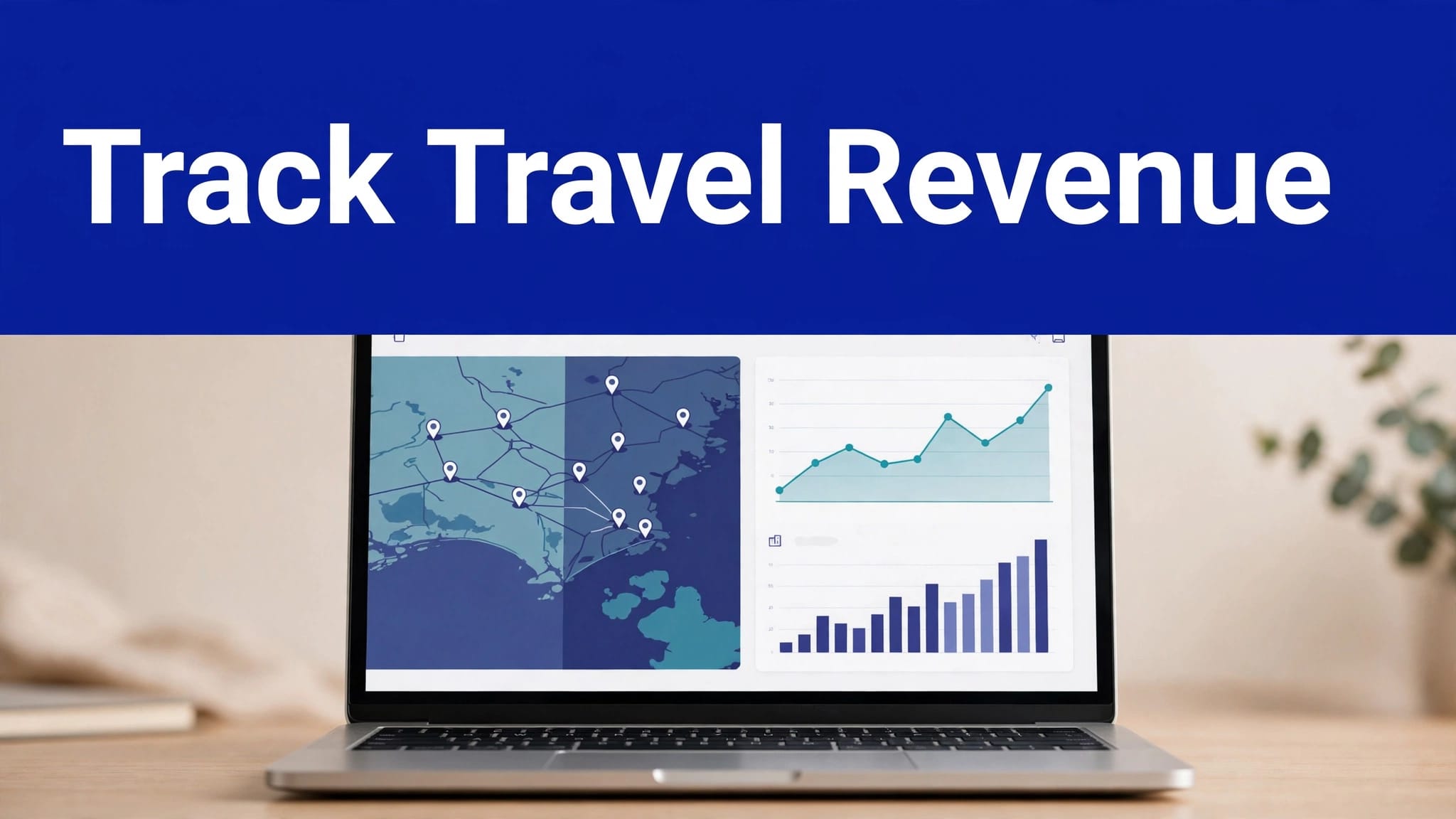 Laptop showing a travel search tool beside a revenue dashboard.