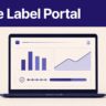 Laptop showing a branded affiliate dashboard beneath an indigo White Label Portal banner.