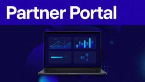 Laptop showing a partner portal dashboard with referral and commission tracking cards.