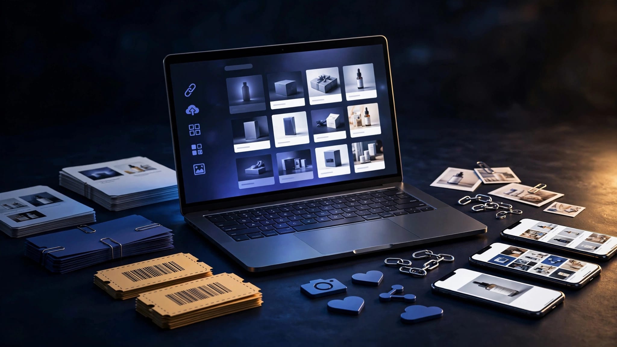 Laptop dashboard surrounded by organized promotional assets.